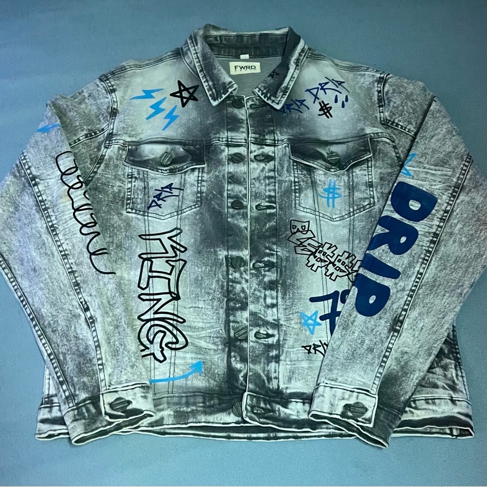 Graphic Denim Jacket and Jean Set with Blue Accents